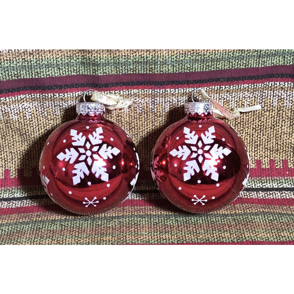 Set Of 2 Red Glass Glitter Snowflake Christmas Ornament~ Ribbon Hangers ~Vintage